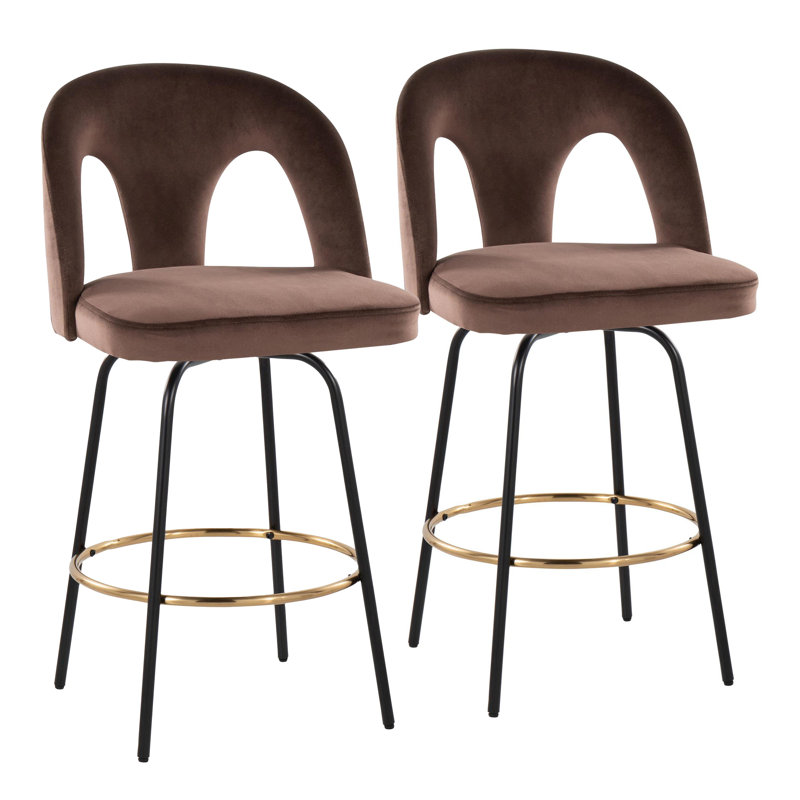 Caden 26" Fixed-Height Counter Stools with Metal Legs & Round Footrest, Black/Gold, Espresso Velvet