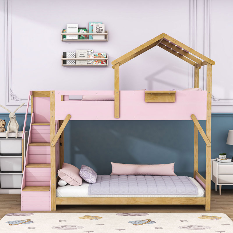 Lit superposé en bois avec design de maison, escalier, lumières DEL et tablette latérale, Simple sur simple, Rose