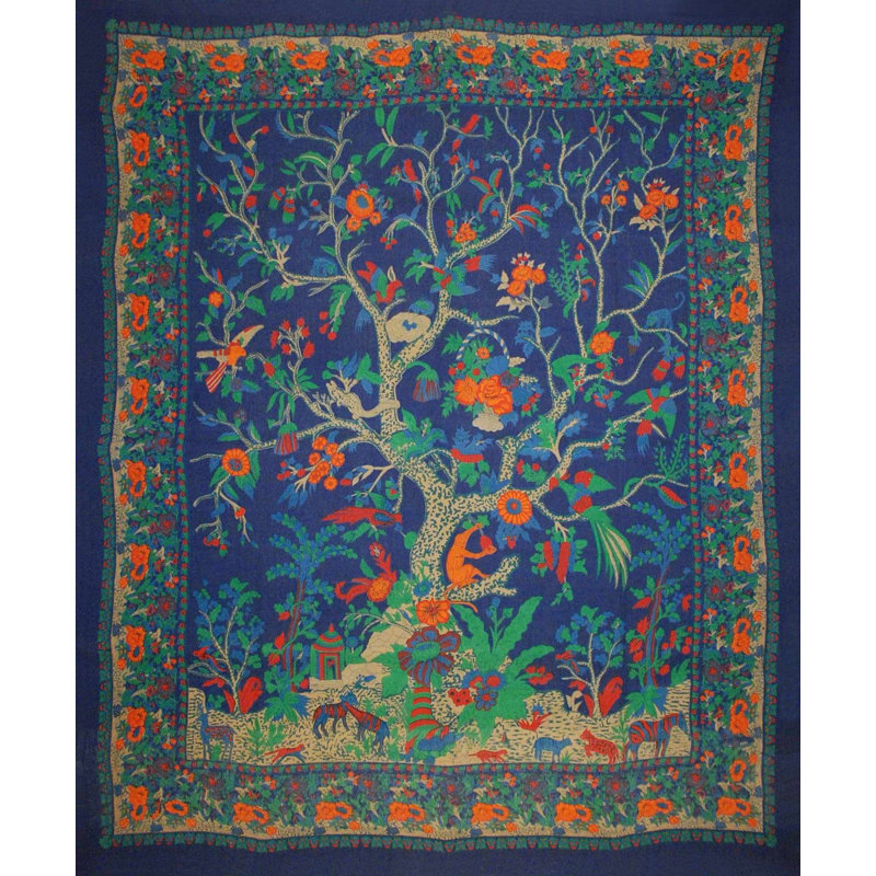 Handmade Cotton Floral Tree of Life Tapestry Tablecloth, 88" H x 104" W, Navy Blue