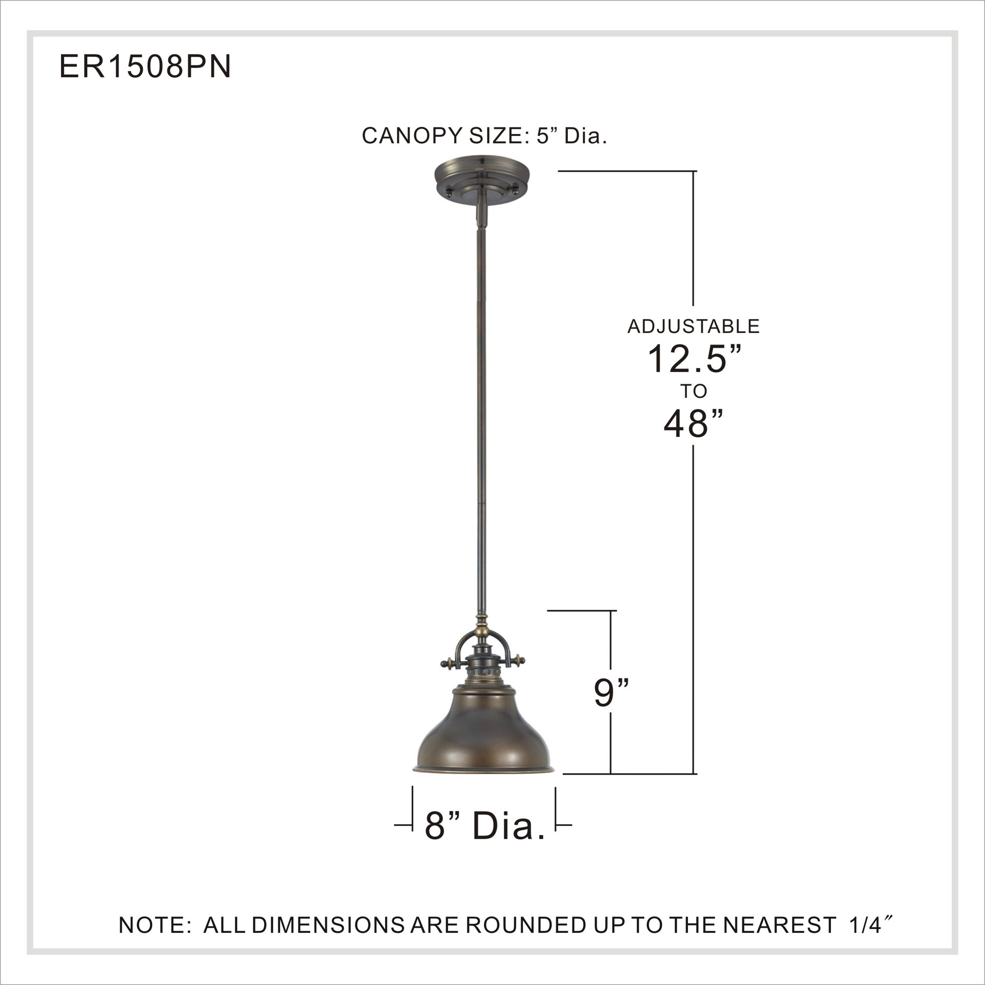 Single Light Metal Dimmable Pendant, Palladian Bronze, 9" H x 8" W x 8" D