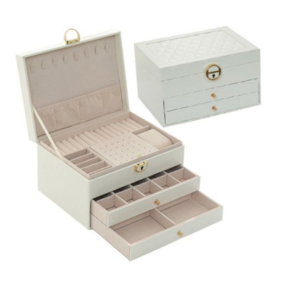 3 Tier Jewellery Box Lockable Organizer Velvet Lined Large Storage Drawer Gift For Women Mom