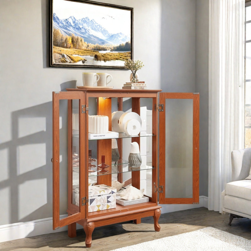 Vitrine avec 2 portes en verre trempé, tablettes réglables et éclairage DEL, Chêne foncé
