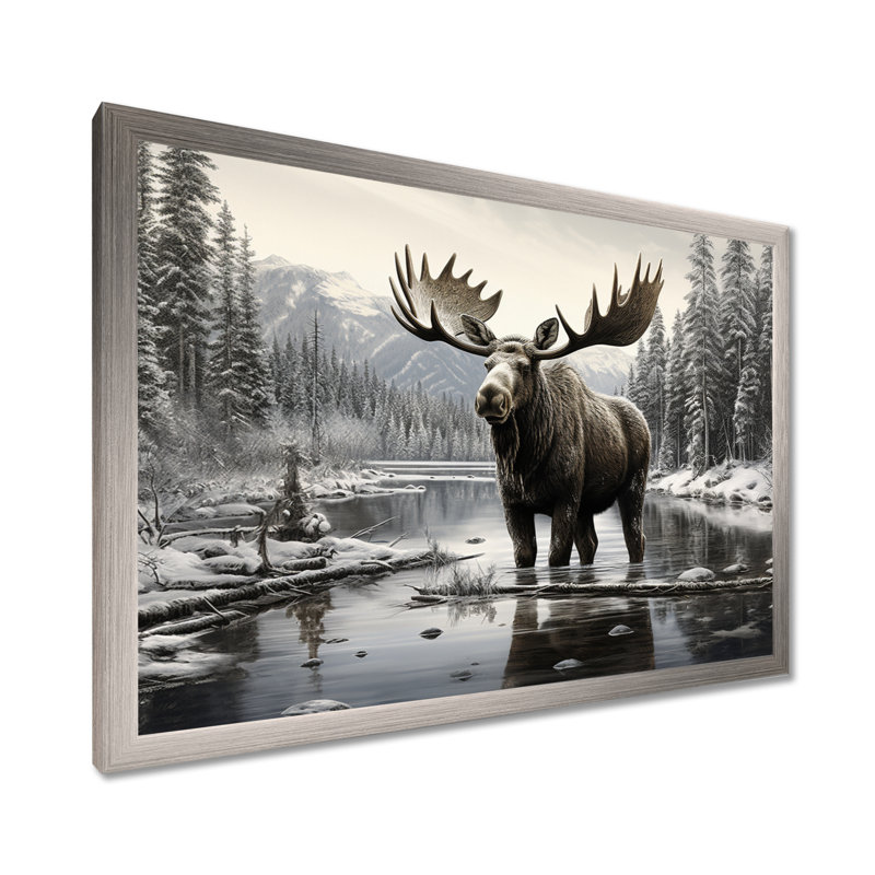 Orignal brun et blanc Winter Majesty - art mural orignal pour le salon, Cadre photo unique, H 16 po x l 32 po, Argent argent