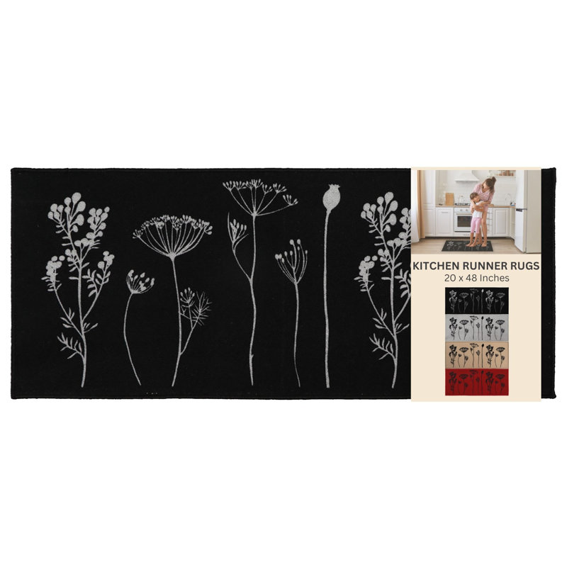 Wildflowers Long Runner Kitchen Mat, Black/Gray