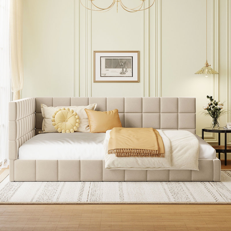 Lit de jour beige rembourré pleine grandeur - Style classique moderne, rehausse la chambre à coucher, avec élégance en velours de lattes, s'adapte à la chambre à coucher, support