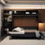 Grand lit mural avec tablettes, gris, multifonctionnel et peu encombrant, dans des appartements convenables