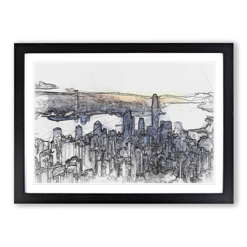 Hong Kong Skyline in China in Abstract - Picture Frame Graphic Art Print on MDF, Black Framed, 62cm H x 87cm W x 2cm D