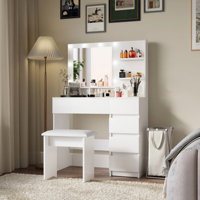 Meuble-lavabo de maquillage avec miroir et 3 réglages, 4 tiroirs, spacieux, blanc, déclaration de style moderne, éclairage de table, vaste espace de rangement