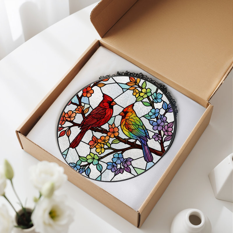 12"H Cardinal Birds Stained Glass Window Panel, 12" H x 12' W
