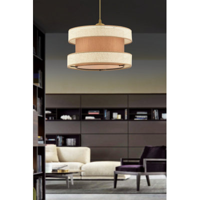 Élégant lustre en métal avec capuchon en coton, blanc et brun, 15,7 po x 15,7 po x 25,6 po | Certifié CE, douille E27 (60 W maximum) | Parfait pour le salon, la salle à manger et le vestibule, solution d'éclairage élégante et moderne