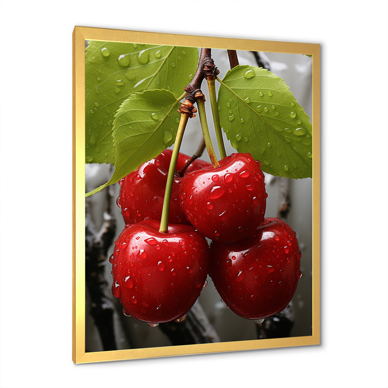 Red Cherry Tree Explosion 3 - art mural cerise, H 40 po x l 30 po x P 1,5 po, Cadre doré simple