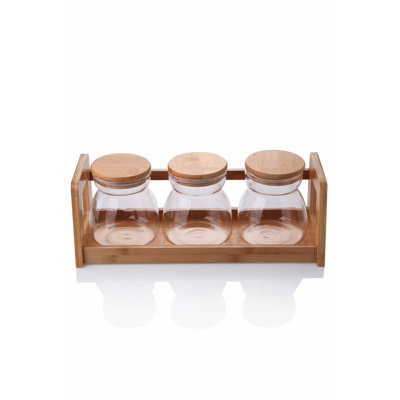 Ensemble de pots à épices élégants (4 pièces), 100% verre borosilicaté avec support en bambou, 14,6 x 5,1 x 5,9 pouces | Rangement durable et élégant pour les herbes et les épices | Parfait pour l'organisation et la décoration de la cuisine