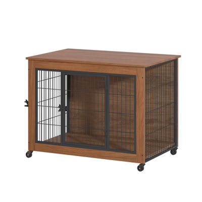 Mobilier de style cage pour chien, table d'appoint, niche en bois à double porte avec structure en métal brun