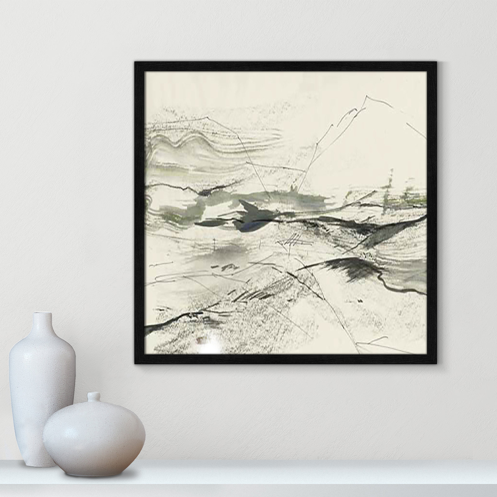 Green Sketches Print, 23.5" H x 23.5" W x 1.25" D, Black Slim Framed
