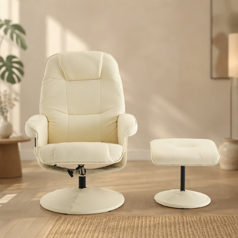 Fauteuil de massage inclinable avec repose-pieds, fauteuil de bureau pivotant à 360° avec siège chauffant et dossier réglable, PU, ​​beige