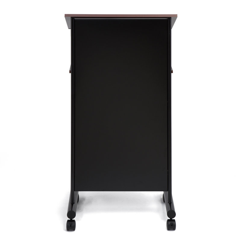 Black and Cherry Metal Standing Desk with Wheels and Shelves