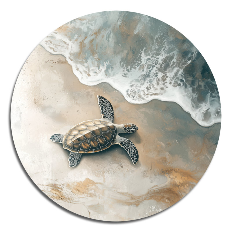 «Baby Turtle Trails On The Beach I», reproduction d'art en métal blanc moderne, décoration murale ronde en tortue
