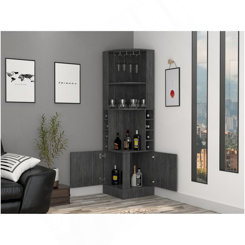 Armoire de coin Syrah, huit casiers à bouteilles, double porte, deux tablettes ouvertes - chêne Smokey, Gris