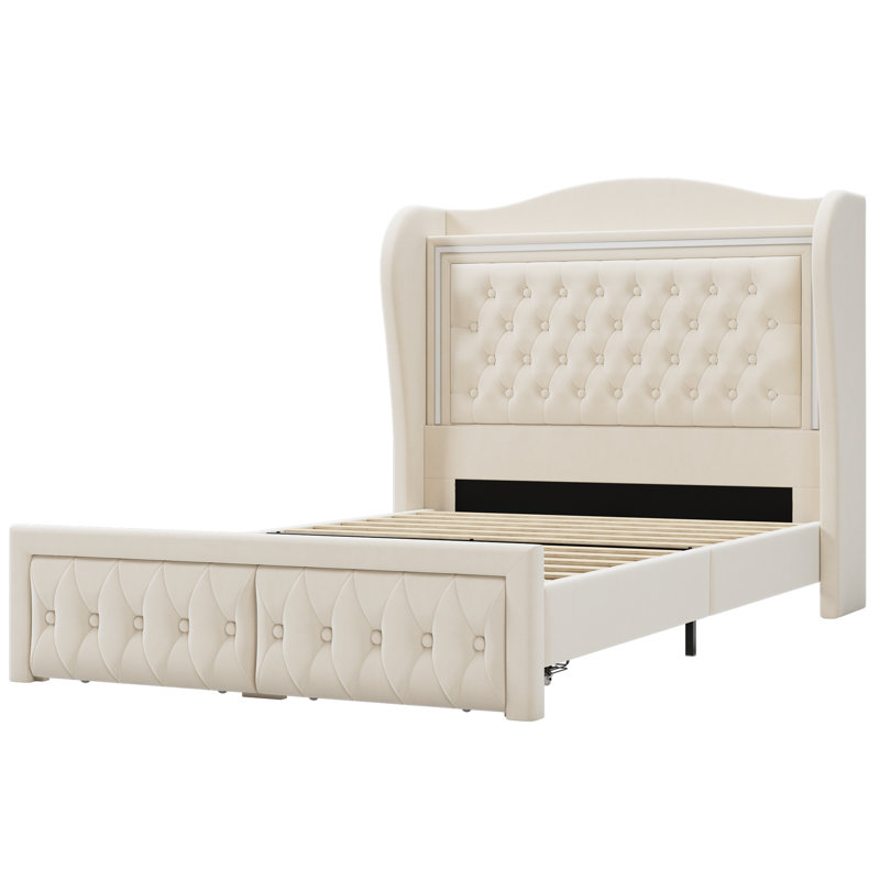 Kaliya Velvet Upholstered Wingback Bed with LED Lights