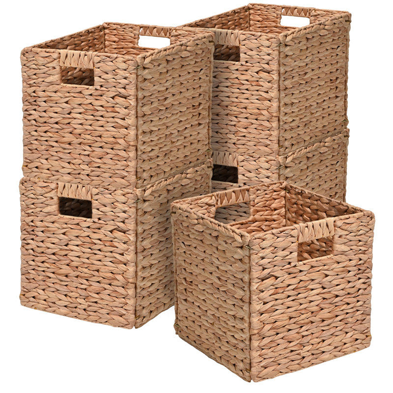 Burtrum Classic Farmhouse Handwoven Hyacinth Collapsible Storage Cube Baskets with Handles, Natural