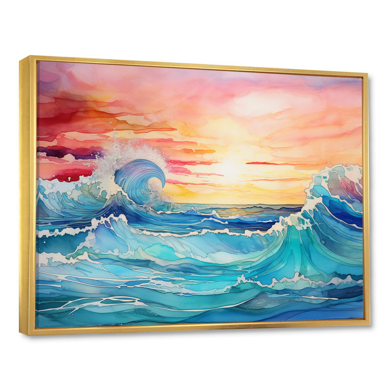 " Rainbow Ocean Sunrise I ", Gold Floater Framed, 16" H x 32" W x 1" D