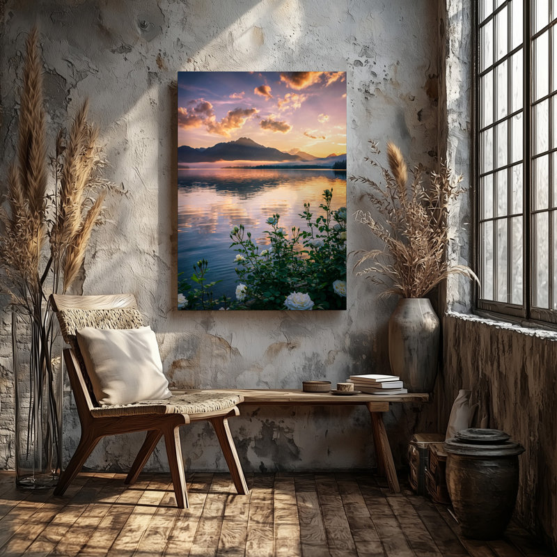 Toile, "Un lever de soleil serein sur un lac tranquille", H 30 po x l 20 po
