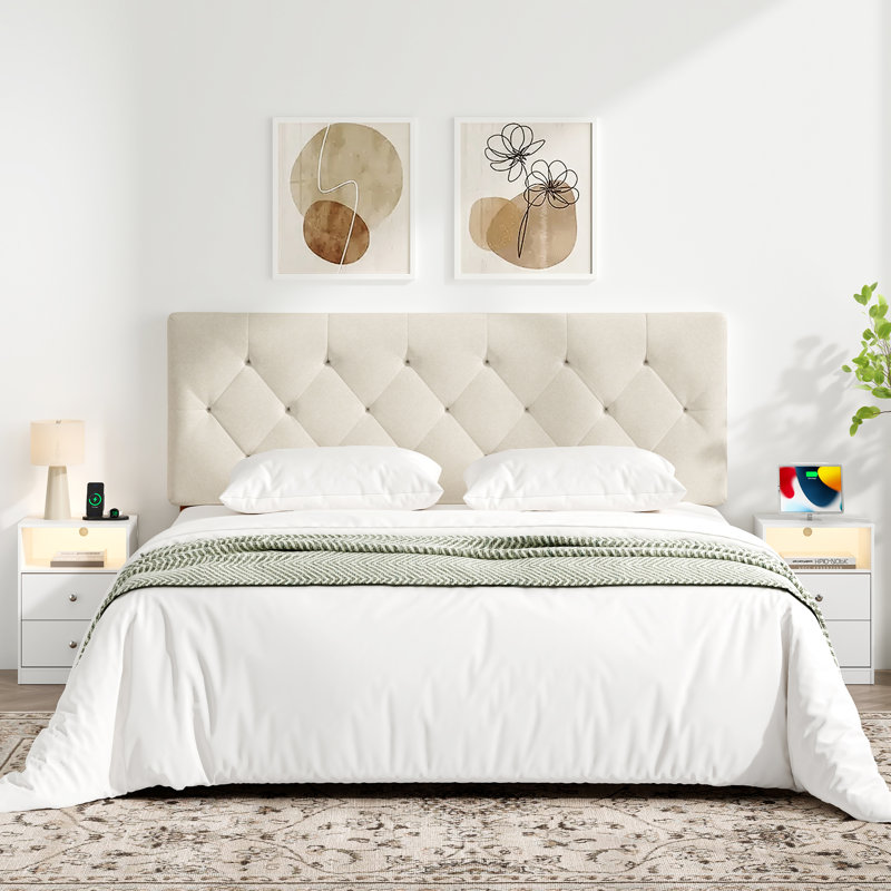 Adjustable Height Upholstered Headboard,Foldable Full Beige, Beige, Full