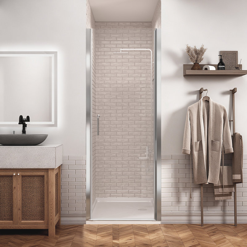 Porte de douche à charnière pivotante sans cadre en chrome avec verre transparent