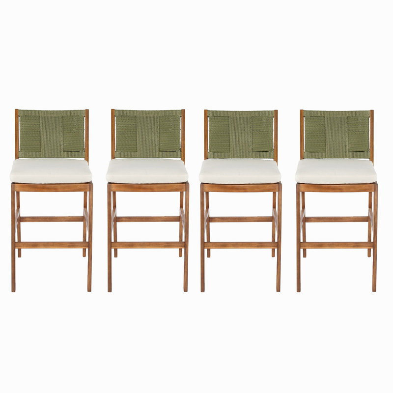 4 pièces Tabouret de bar d'extérieur vert en bois d'acacia massif et osier tissé Arly, 4, Green/Teak