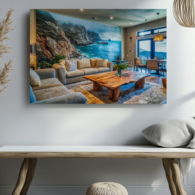 Toile, un salon moderne avec une grande murale de brume, art mural, falaises surplombant une mer tranquille baignée d'une douce lumière diffuse