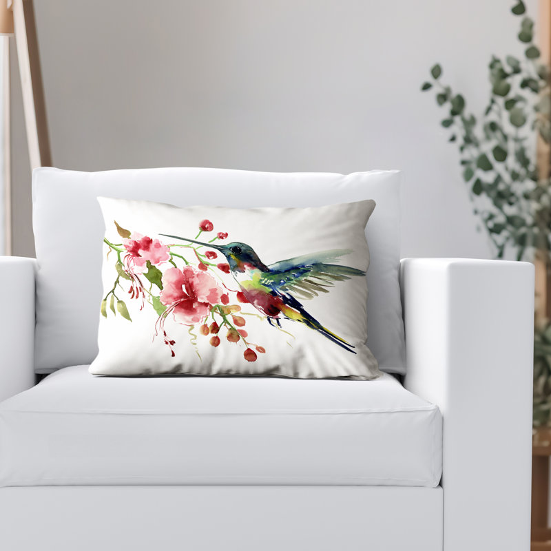 Floral Throw Pillow with Premium Polyester - Hummingbird and Flowers, 14" H x 20" W