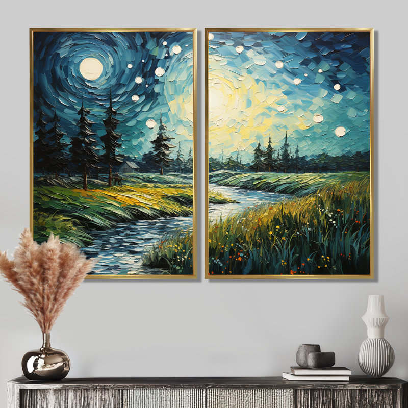 Pissenlits Vangogh dans la prairie II - Paysages Vangogh, impressions sur toile, 2 panneaux, H 36 po x l 48 po, Doré