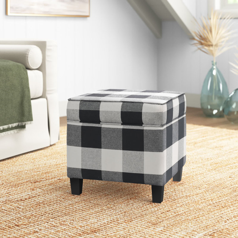 Repose-pieds carré avec rangement 17,5 "Asha, Tissu écossais noir tissé Buffalo