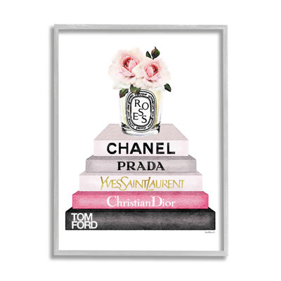 Stupell Industries Book Stack Fashion Candle Rose By Amanda Greenwood - Graphic Art In Farmhouse Gray Framed Giclee