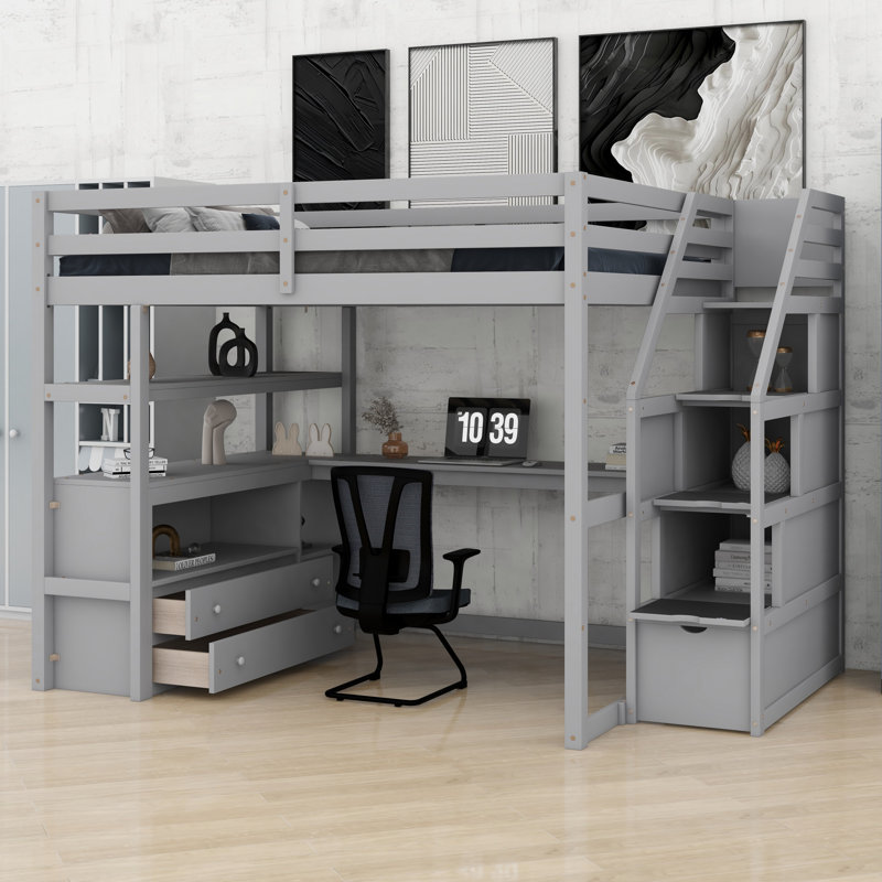 Lit mezzanine peu encombrant avec bureau, tablettes et deux tiroirs intégrés, Gris
