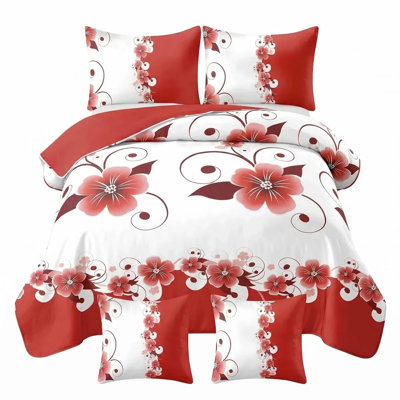 Ensemble de housse de couette 5 pièces à motif floral rouge pour lit California King, avec taies d'oreiller et housses de coussin décoratives
