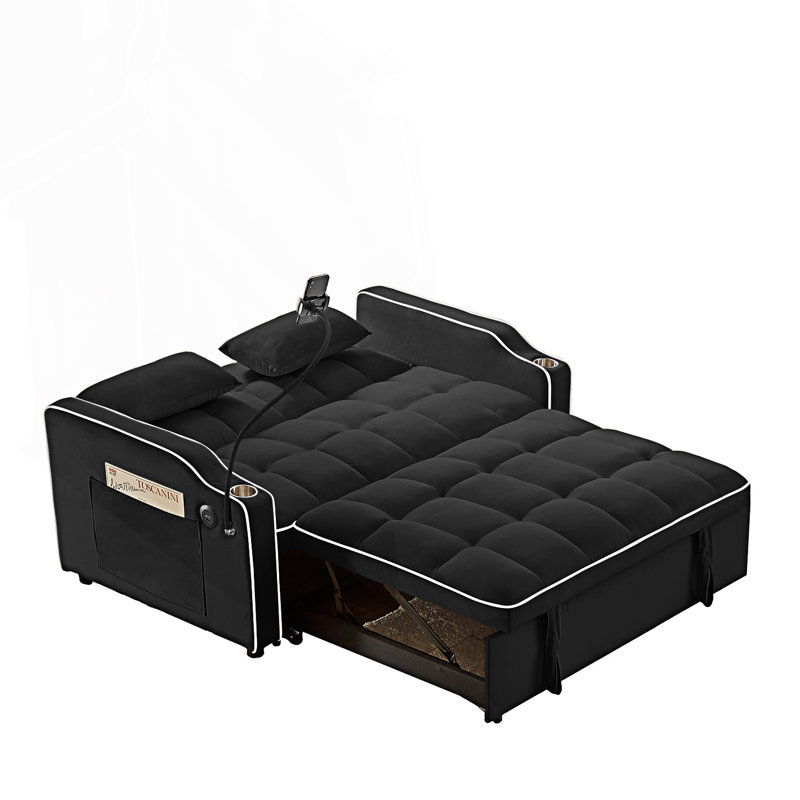 Versatile foldable sofa bed, modern sofa, pull-out bed with adjustable back and usb port, comfy couch, Noir