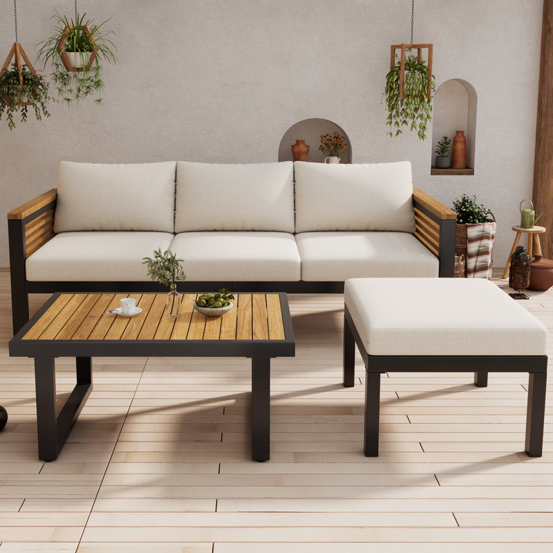 Chetanna Outdoor 3-Piece Acacia Wood Conversation Set With Iron Frame