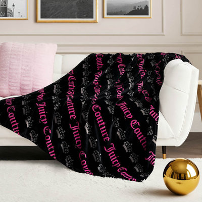 Juicy Couture Diagonal Juicy Crown Stripes Plush Throw Blanket