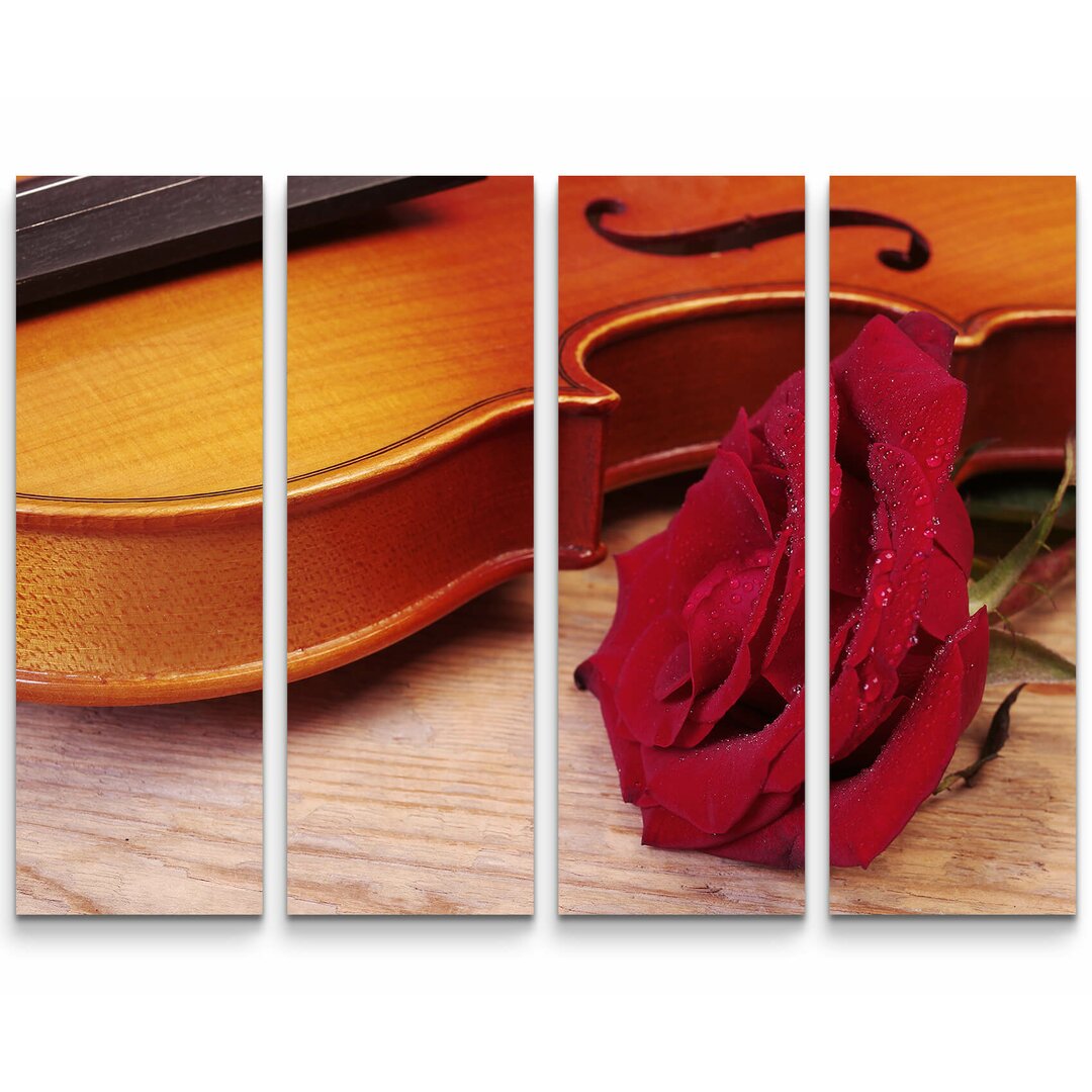 4-tlg. Leinwandbilder-Set Violine mit roter Rose