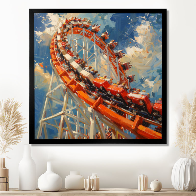 «Orange Orange Roller Coaster Rush - Amusement Parks», reproduction d'art mural, H 16 po x l 16 po, Cadre simple noir