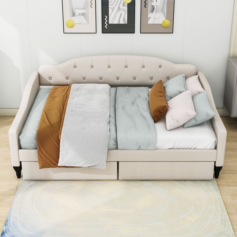Full Size Linen Upholstered  Daybed With Two Drawers And Slats