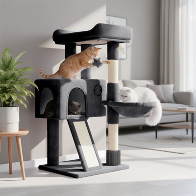 36" H Cat Tree, Kitten Tower Condo Cat House with Sisal Scratching Post, Ramp and Cat Self Groomer