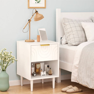 Modern White Nightstand with Gold Accent Handle – 22.83" Bedside Table with One Drawer & Open Shelf, Compact End Table for Bedroom, Small Space Friendly