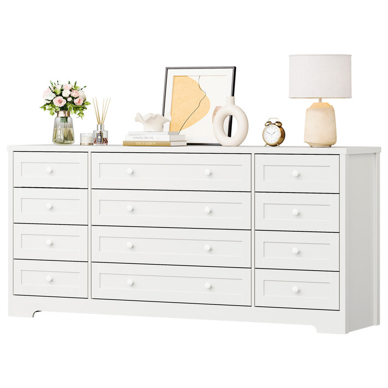 Commode 12 tiroirs en bois pour chambre à coucher, commode moderne pour chambre d'adulte, commode en bois blanc, meuble télé pour téléviseur 65 po, P 15,7 po x l 63 po x H 29,5 po