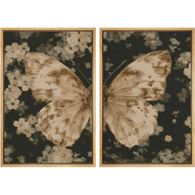 Vintage Butterfly Floral Collage Wall Art Decor Framed On Canvas 2 Pieces Print