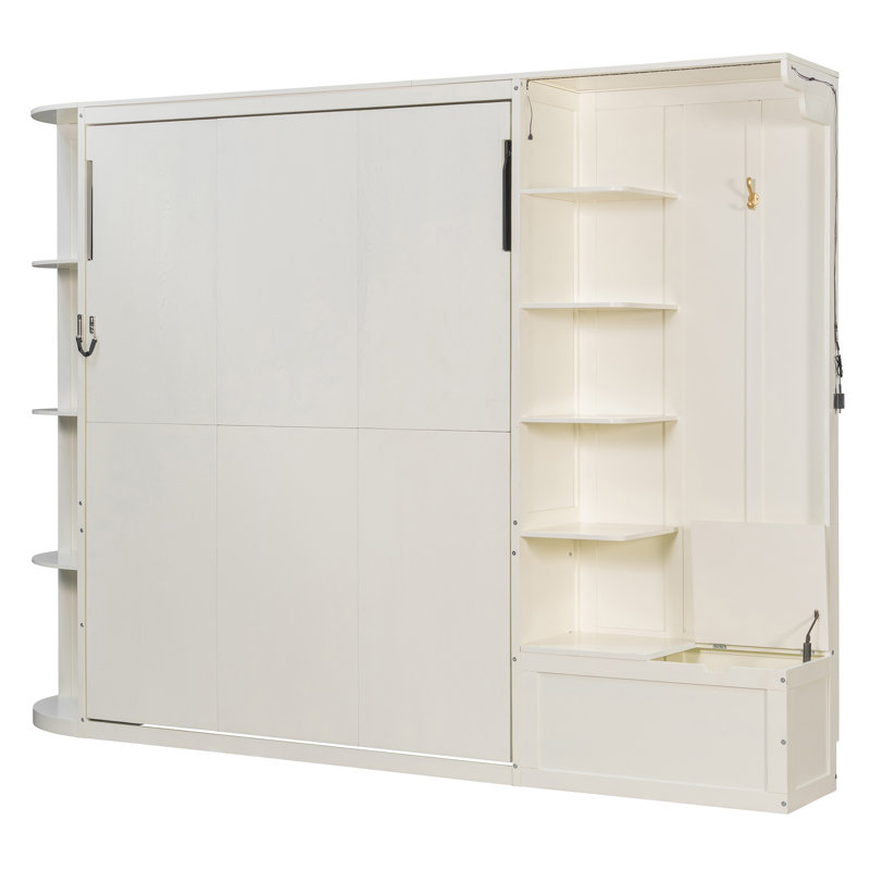 Lit escamotable multifonctionnel avec armoires de rangement intégrées et lumières DEL, lit pliable caché en placage de chêne pour les petits espaces