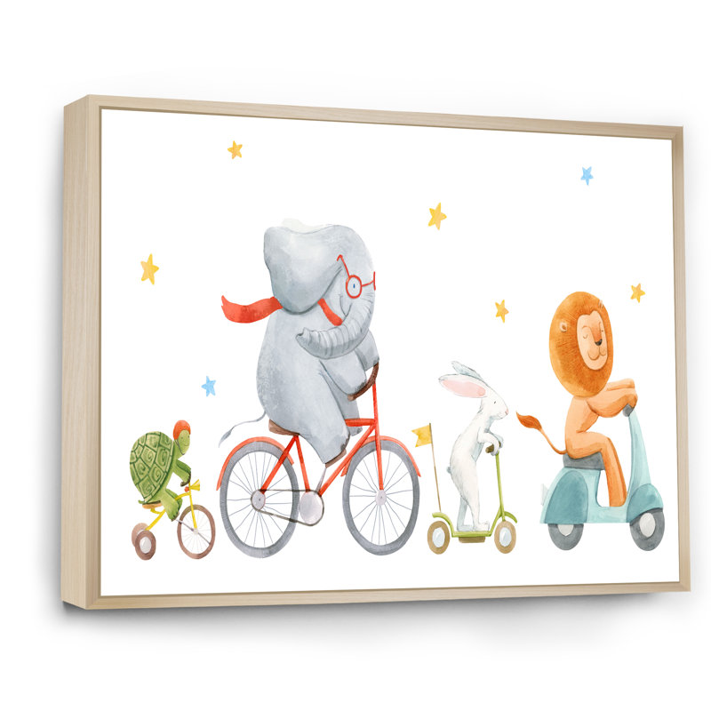 Mignons animaux à bicyclette - Art mural sur toile traditionnel, H 24 po x l 36 po x P 1 po, Cadre flottant brun