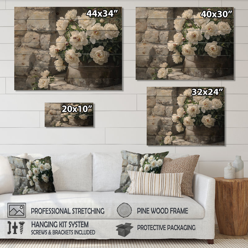 Peonies Near The Farm Well II - Peonies Wood Wall Decor - On Natural Pine Wood, 30" H x 40" W x 0.78" D