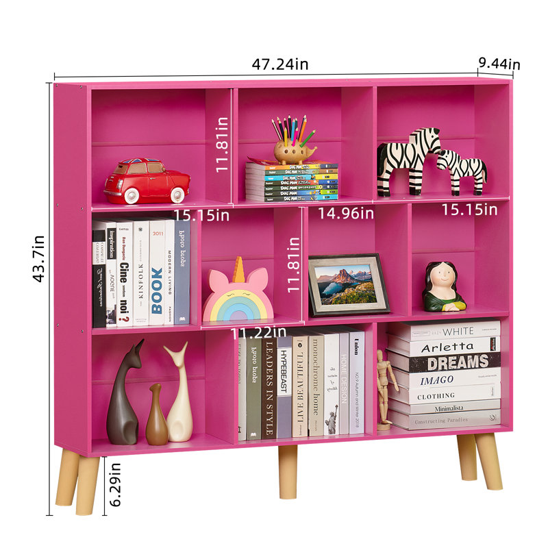 10 Cube Bookshelf,3 Tier Modern Wide Bookcase With Legs,Mid-Century Wood Bookshelves Storage，Retro Large Book Case,Freestanding Organizer Display Shelf For Bedroom,Living Room,Office